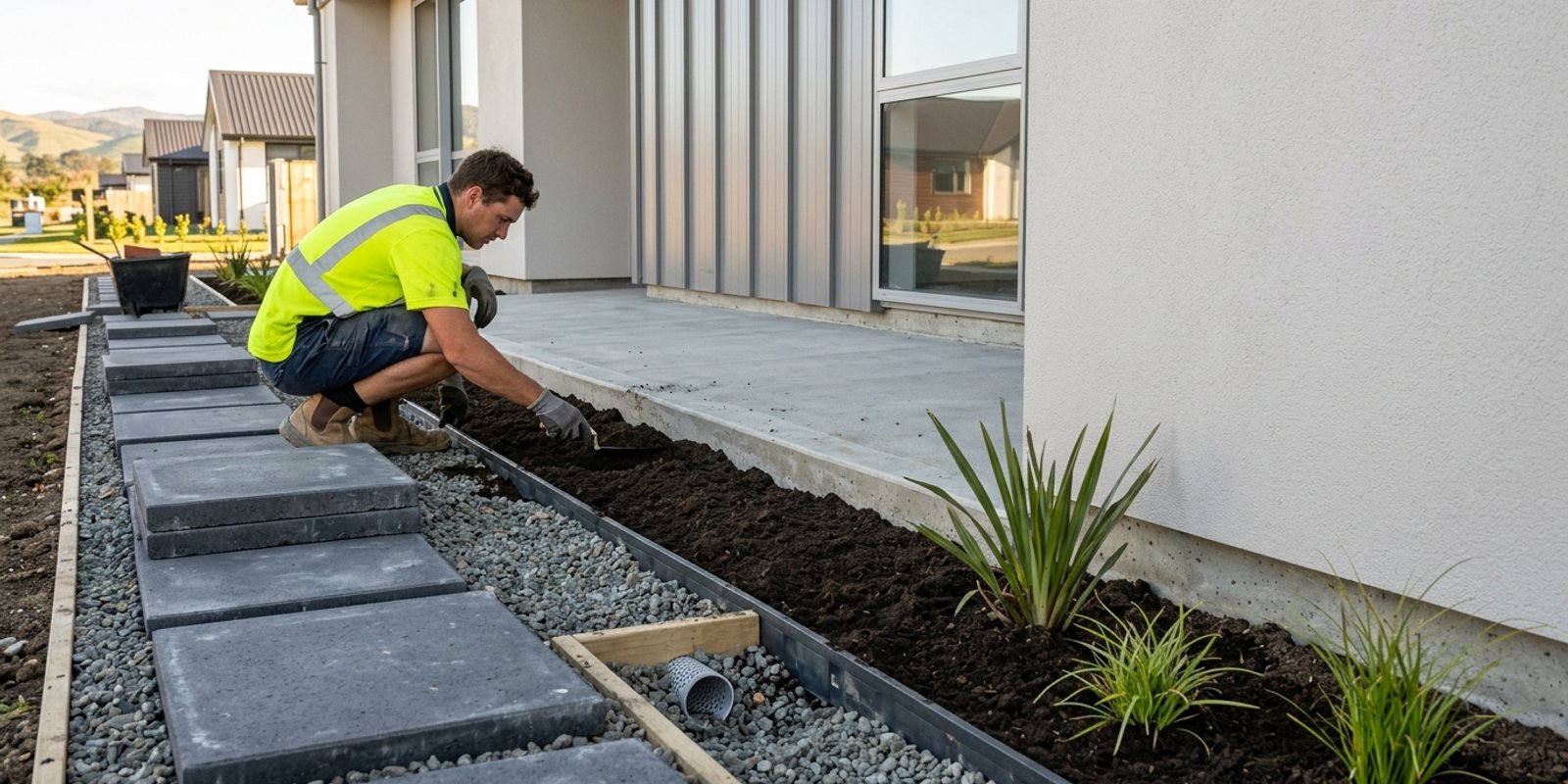 Newly laid paving and a freshly planted garden bed running alongside the concrete slab edge of a modern New Zealand home