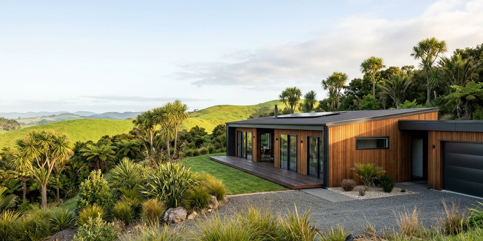 Single-storey timber-clad home with rooftop solar panels and a wooden deck among cabbage trees and rolling green hills